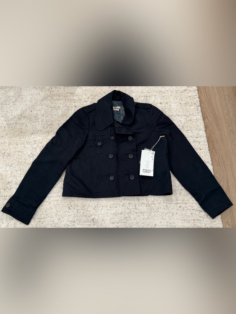 EDUN Sappho Cropped Jacket medium M Navy Blue Cotton Linen Double Breasted NWT